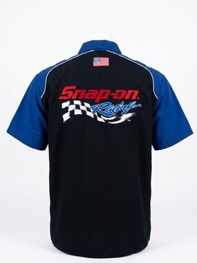 Snap Racing Short-Sleeve Button Down Shirt in Black & Blue